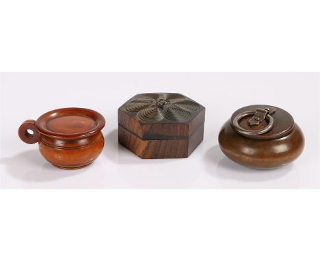 Three snuff boxes to include a rosewood snuff box and cover of hexagonal form, with carved geometric decoration 5cm, a treen 
