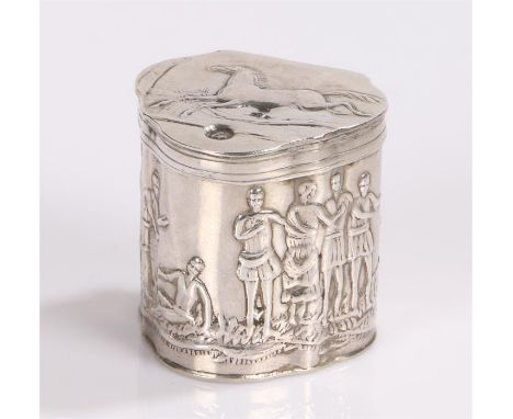 Dutch silver snuff box and cover, the hinged lid with depiction of a leaping horse, the body with depictions of figures, 3.5c