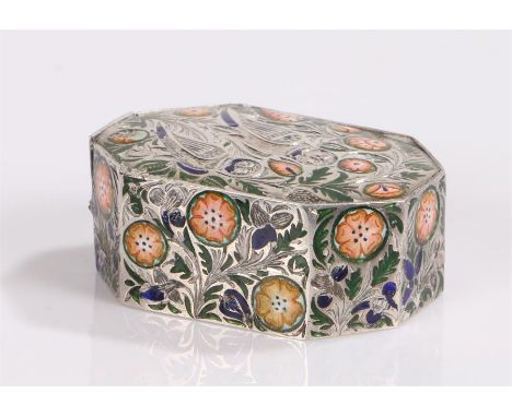 White metal snuff box with enamel owl and foliate decoration, release catch to the lower section, with pivoting top
