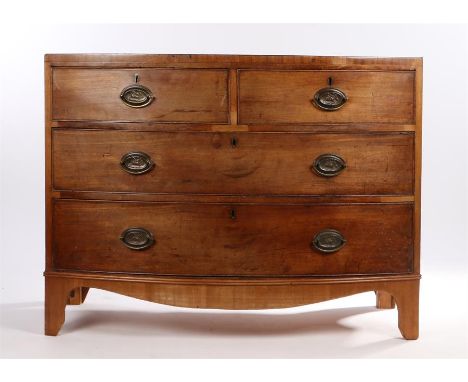 Victorian mahogany and boxwood strung bow front chest of two short and two long drawers, the oval brass handle back plates em