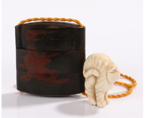 Japanese Meiji period netsuke and three case inro, the ivory netsuke carved as a cat with a cord attached to the lacquer thre