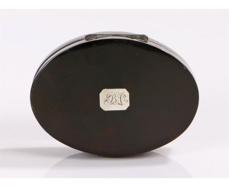 19th century tortoiseshell snuff box, of oval form, the lid with silver cartouche initialled BA, with silver thumb piece 6.5c