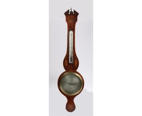 Victorian mahogany wheel barometer, P Moiana & Co Edinburgh, the case with flower and shell inlaid design, a steel dial and t