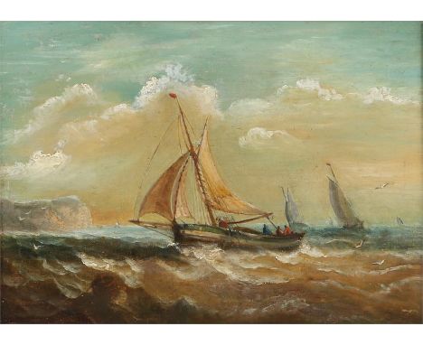 Oil on canvas seascape with fishing vessels off the coast, in a gilt frame, the canvas 29cm x 21cm
