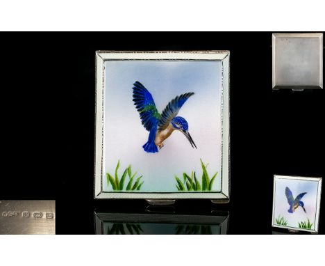 Superb Quality Guilloche Enamel on Silver - Ladies Compact, Matching Lot 63. The Cover Depicting a Kingfisher In Full Flight.