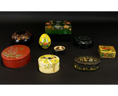 A Collection of Papier Mache Trinket Boxes Including black lacquered elephant hand painted box, James Keiller and Sons vintag