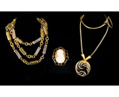 Three Pieces Of Vintage Costume Jewellery To include very long gold tone and rose quartz statement necklace with cylindrical 