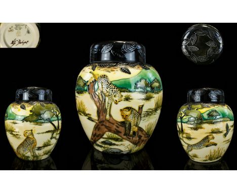 Moorcroft - Superb Quality Ltd and Numbered Edition Large Lidded Ginger Jar. ' Cheetahs ' Design. Designer Anji Davenport. Si
