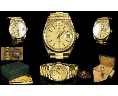 Rolex Gentleman's 18 ct Yellow Gold Oyster Perpetual Day Date Chronometer Wrist Watch Model number             .Features cham