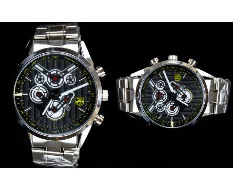 Tag Heuer - Mans Replica Stainless Steel Quartz Silver Chain Chronograph Wrist Watch with Black Shaded Dial - Please See Phot