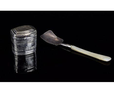 Etched Foreign Silver Snuff or Pill Box plus sterling silver, mother of pearl handled small scoop (repair to box hinge and da