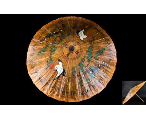 Vintage Oriental Paper Parasol Of traditional form, the canopy in good working condition, hand painted with Japanese Cranes a