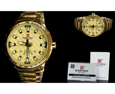 Naviforce Mens - Gold Plated Steel Day / Date Sports Wrist Watch. Model 9090, Water Resistance. Mint / As New Condition, With