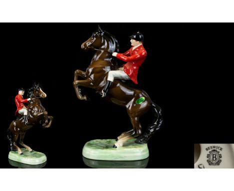 Beswick - Early Rider and Horse Figure ' Huntsman ' Style One - On Rearing Horse - Red Jacket. Model 868. Designer A. Greding