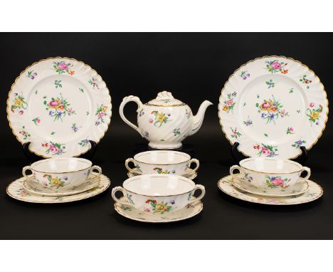 Olde Bristol Porcelain Reproduced Part Teaset by Clarice Cliff. Designed by Duvivier. Comprises teapot, 2 sandwich/cake plate