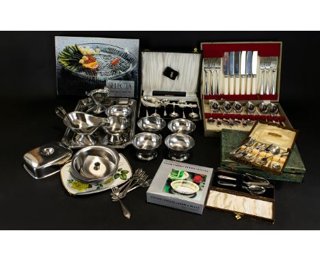 Box of Assorted Metalware including silver plated round gallery bottle holder, fork and knife set, EPNS gravy boat, butter di