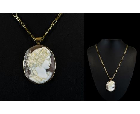 A Very Fine Quality Shell Cameo, Features a Classical Portrait of a Roman Noble Lady within a Solid 9ct Gold Mount / Frame, w