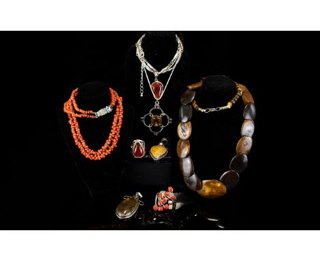 A Mixed Collection Of Silver And Stone Set Costume Jewellery Eight items in total to include vintage double strand coral neck