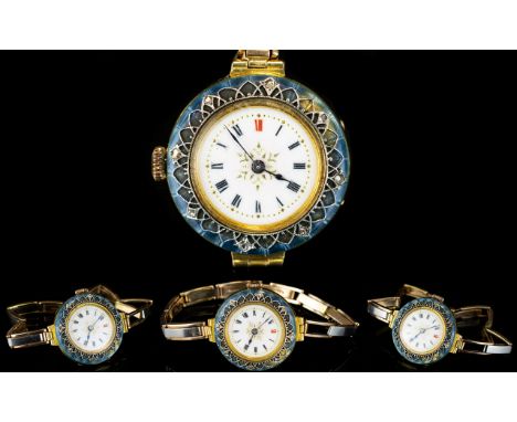 Ladies - Impressive 1930's 15ct Two Tone Gold Wrist Watch, with Diamond Set and Enamel Bezel, Both Bracelet and Watch Head. F