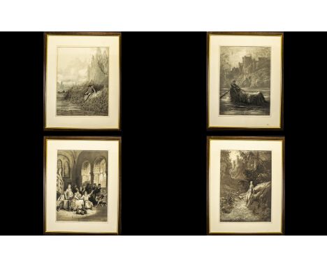 Four Vintage Gustave Dore Prints (1832 - 1883) From Tennyson's Idylls of the King Each framed and mounted under glass, each i