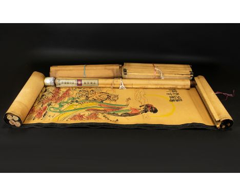 A Collection Of Chinese Wall Scrolls Seven vintage decorative scrolls, various themes, each in traditional hand painted calli
