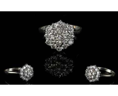 18ct White Gold Diamond Set Cluster Ring. Flower head Design. Fully Hallmarked for 18ct. Diamond - Good Colour and Clarity. E