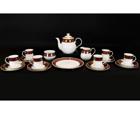 Elizabethan Staffordshire China Burgundy Design Tea Set. Comprising Teapot, Sandwich Plate, Sugar Bowl, Milk Jug, 6 Cups Sauc