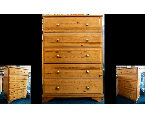 Pine Chest Of Drawers Five drawers, of plain form on bracket feet, height 43 inches, width 30 inches. Good condition