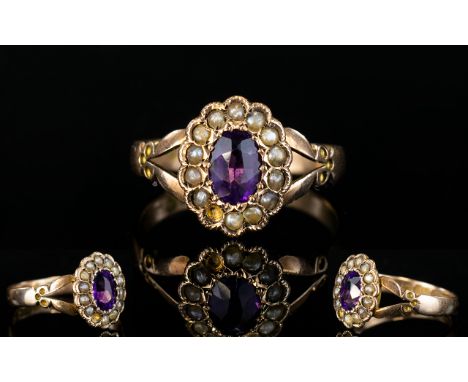 Antique Period 9ct Gold - Amethyst and Seed Pearl Dress Ring, The Central Amethyst Surrounded by 16 Seed Pearls. Hallmark Bir