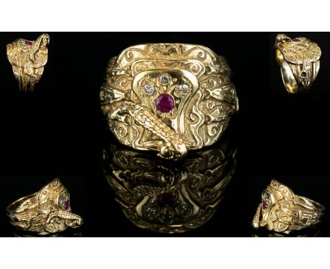 Gents - Impressive and Heavy Handmade Diamond and Ruby Set 9ct Gold Ring. Set with 3 Diamonds and Single Ruby to Centre of Ri