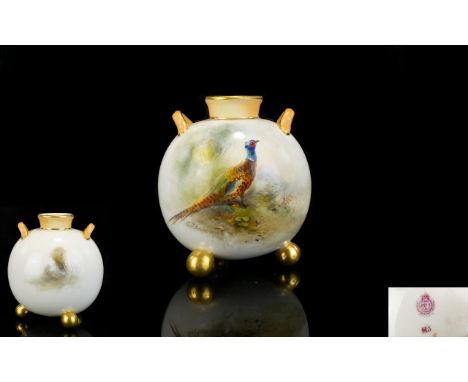 Royal Worcester Twin Handled - Small Globular Shaped Vase, Raised on 3 Ball Feet ' Pheasants ' In a Woodland Setting. Signed 