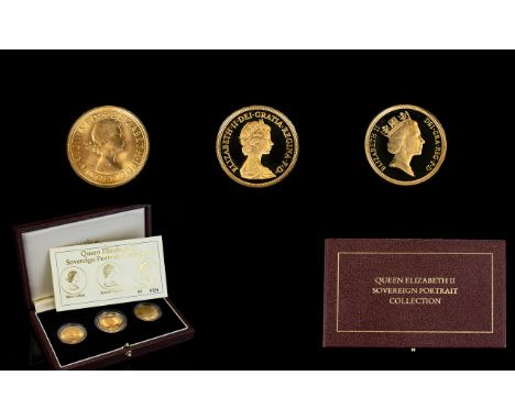 Royal Mint - Ltd and Numbered Edition Queen Elizabeth II Sovereign Portrait Collection. Consists of Three Full Sovereigns In 