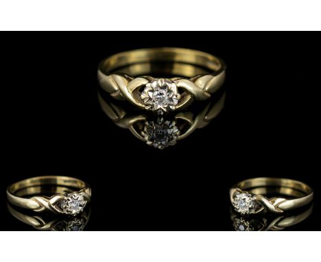 Ladies 9ct Gold Single Stone Diamond Set Ring. Illusion Set, X Designed Shoulders. Fully Hallmarked for 375 - 9ct Gold. Ring 