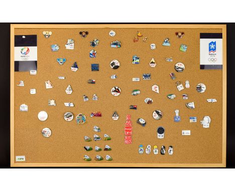 Winter Olympic Interest A Large Collection Of Sochi 2014 Enamel Pin Badges Presented on cork board, contains over 70 rare and