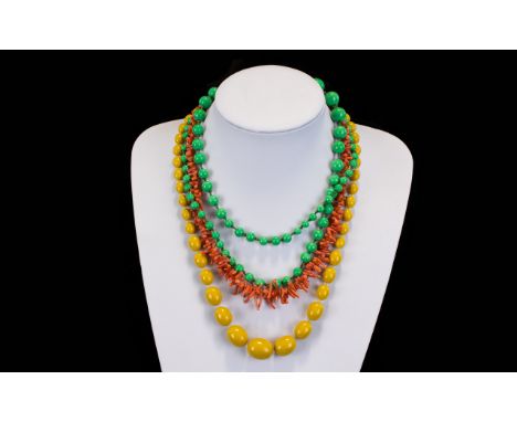 A Collection Of Three Vintage Necklaces Each in good condition to include extra long 1930's green beaded graduated necklace, 