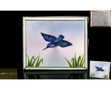 Superb Quality Guilloche Enamel on Silver Cigarette Case, Gilt Interior. The Cover Depicting a Kingfisher In Full Flight. Hal