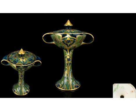 James Macintyre William Moorcroft Signed Tube lined Lidded Bon Bonniere, Decorated In The Green and Gold Florian Design. c.19