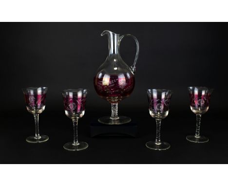 Good Quality 1970's Cranberry Glass Decanted with Matching Set of 4 Drinking Glasses. All with Etched Floral and Leaf Decorat
