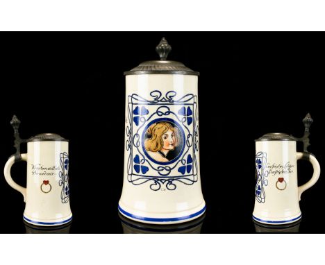 Antique German Beer Stein By Merkelback & Wick Hohr-Grenzhausen Ceramic stein circa 1900, printed and impressed marks to unde
