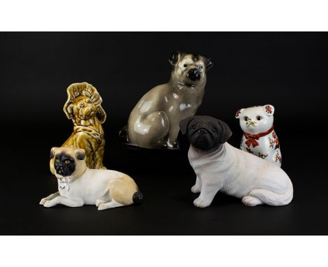 A Collection Of Pug Figurines Five in total to include resin seated pug, decorative white ceramic figure with Imari style dec