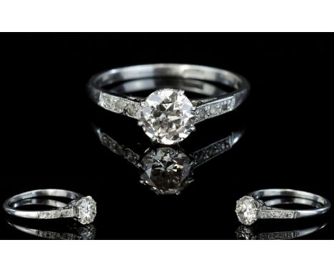 Art Deco Period - Ladies Superb Platinum Set Single Stone Diamond Dress Ring, with Diamond Shoulders. Est Diamond Weight 0.85