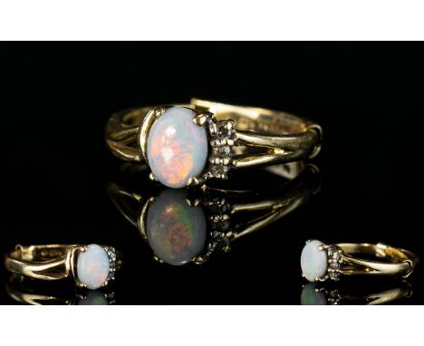 Ladies 9ct Gold Opal and Diamond Set Dress Ring. Fully Hallmarked. Ring Size J. 