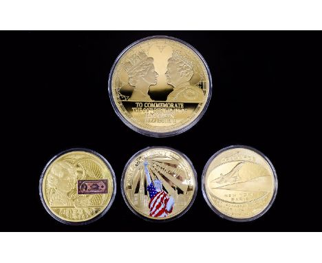 A Ltd Edition Collection of Windsor Mint Large Super size Commemorative 24ct Gold Plated Proof Medallions. All Sealed and In 