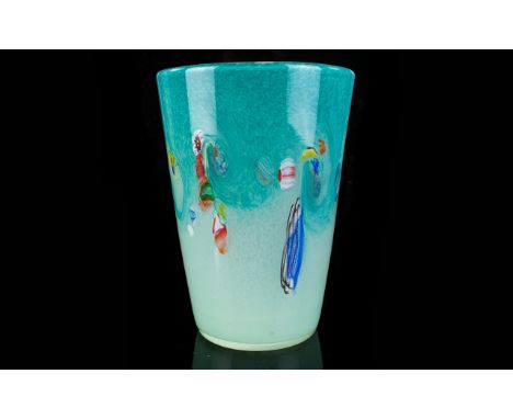 Contemporary Millefiori Murano Glass Vase Of trumpet form in aquamarine and powder blue ombre glass with multi colour confett