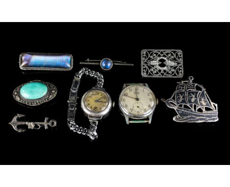 A Collection Of Antique Silver And Mixed Metal Jewellery Eight items in total to include rectangular Brazilian blue brooch, o