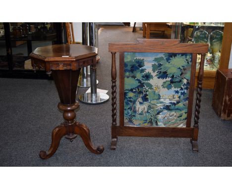 Antique Trumpet Form Workbox Along With Tapestry Screen Late 19th century work box on trefoil legs with hinged octagonal lid,
