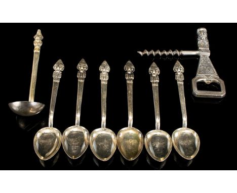 Antique Set of Six Sunburst Peruvian Solid Silver Spoons with Matching Ladle and Corkscrew / Bottle Opener. All Marked 925, 1