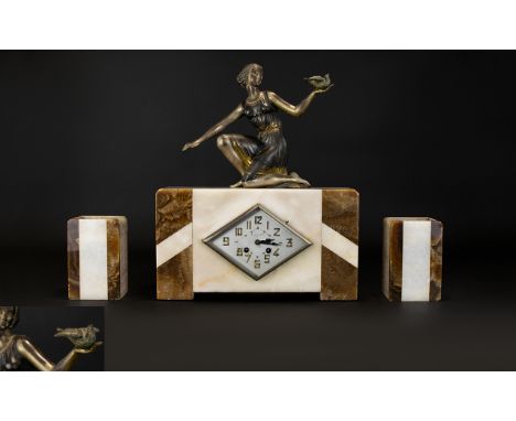 Jousse - Elbeuf ( Paris ) Art Deco Period Figural Marble Mantle Clock Set. Features a Painted Metal Figure of a Young Woman I