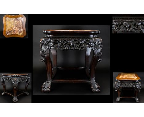 19th Century Wonderful Quality Chinese Rosewood Heavily Carved Marble Topped Planter Table / Stand. Supported on Wonderful Sh