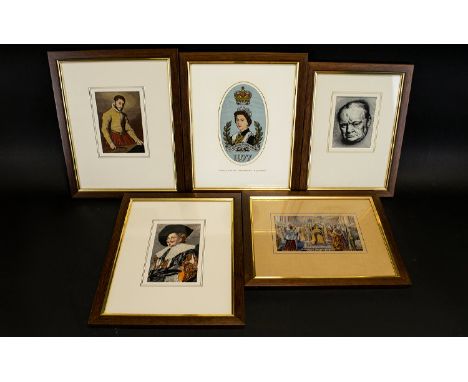 Brocklehurst Of Macclesfield Woven Silk Framed Pictures Five in total each framed and mounted under glass, each with a histor